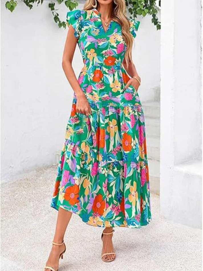 Women's mid-length dress – V-neck – Butterfly sleeves – Relaxed fit – Breathable material – Floral print - Image 2