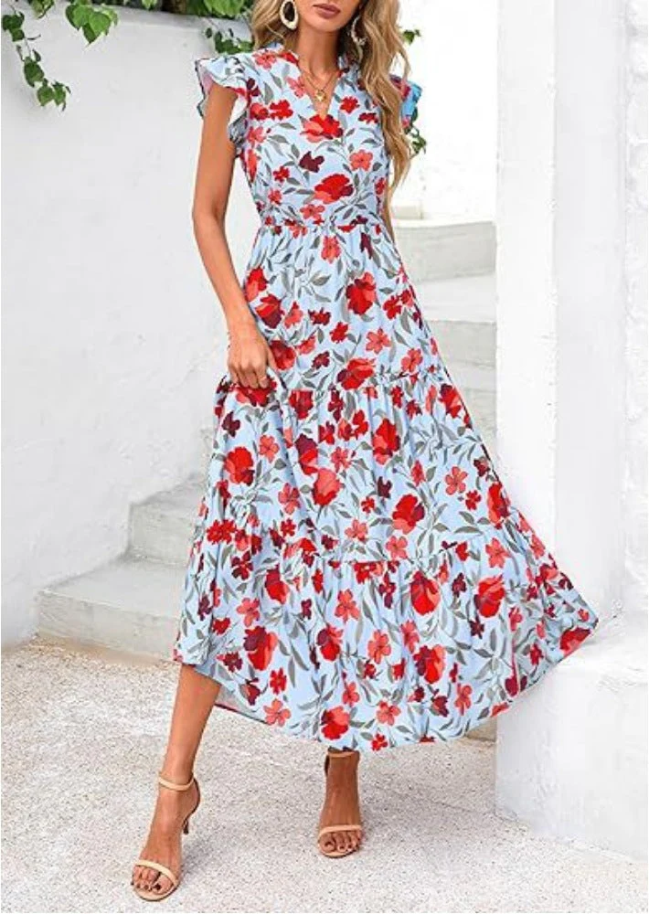 Women's mid-length dress – V-neck – Butterfly sleeves – Relaxed fit – Breathable material – Floral print - Image 3