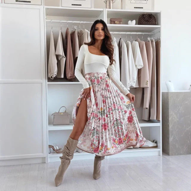 Women's midi skirt – High waist – A-line – Pleated – Bold pattern – Side slit - Image 2