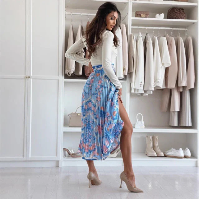 Women's midi skirt – High waist – A-line – Pleated – Bold pattern – Side slit - Image 4