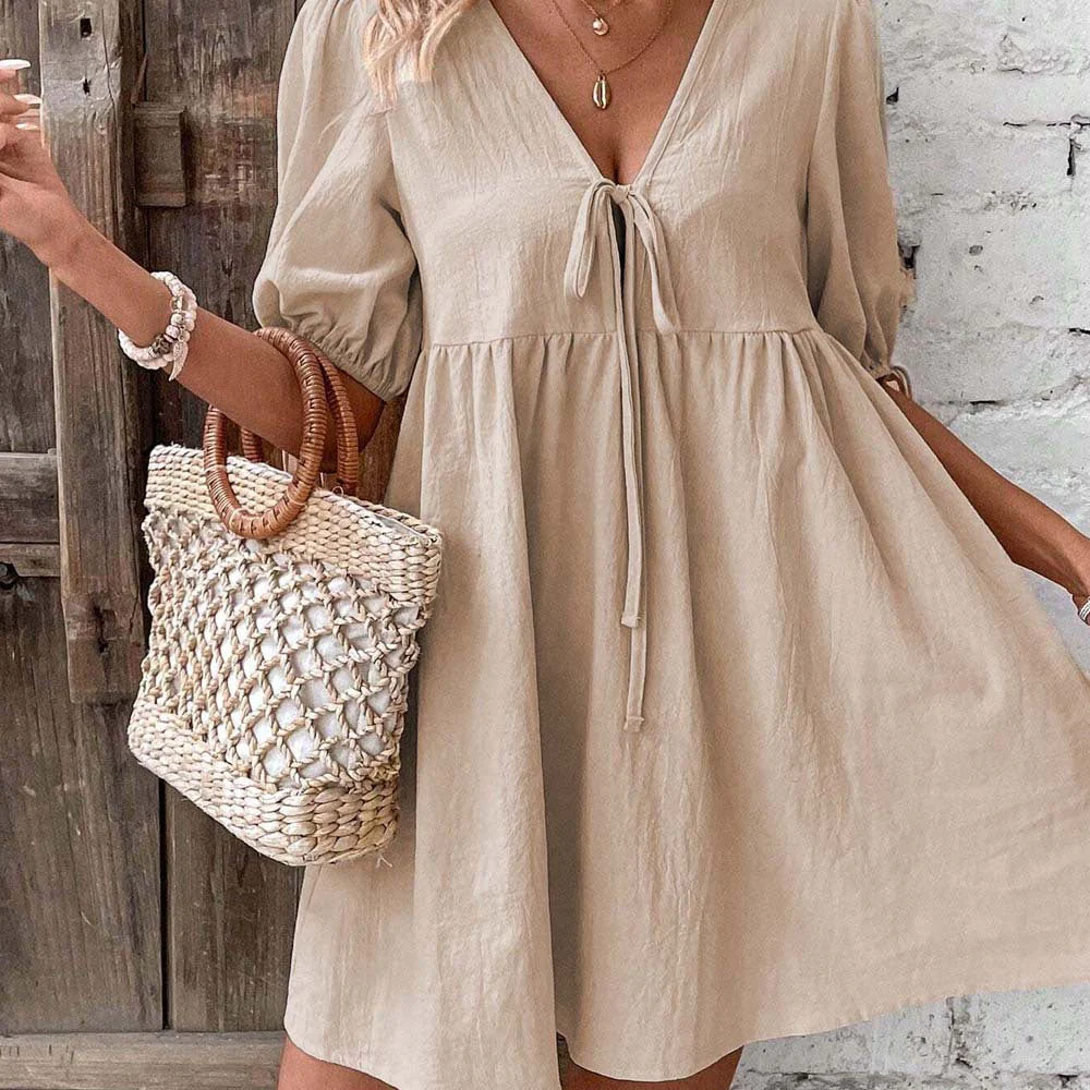 Women's Mini Dress – A-line Loose Fit – Deep V-neck – Bow Detail – Breathable Texture - Image 2