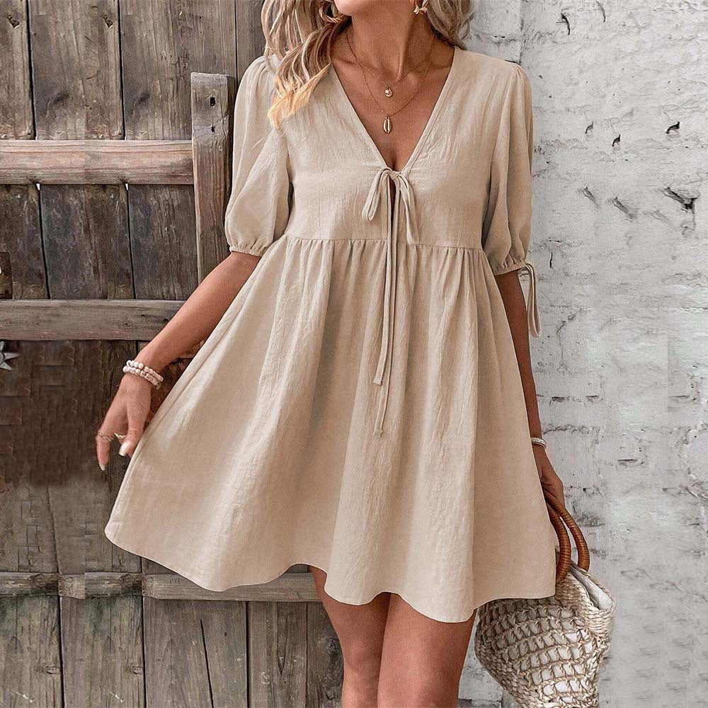 Women's Mini Dress – A-line Loose Fit – Deep V-neck – Bow Detail – Breathable Texture - Image 5