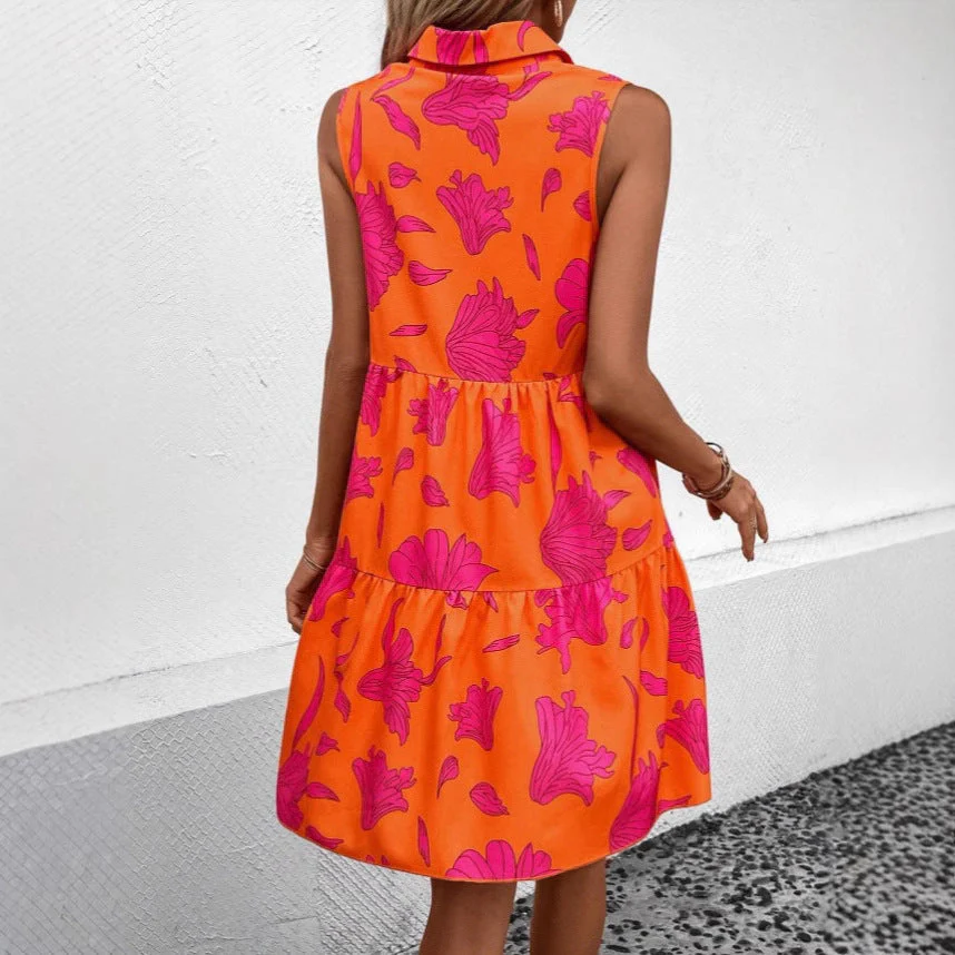 Women's Mini Dress – A-line – Sleeveless – Floral Print – Button Closure – Airy Fabric - Image 4