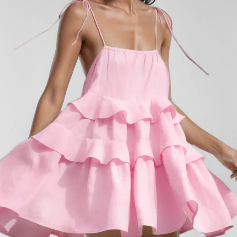 Women's Mini Dress – A-line Fit – Spaghetti Straps – Layered Pleats – Backless - Image 2