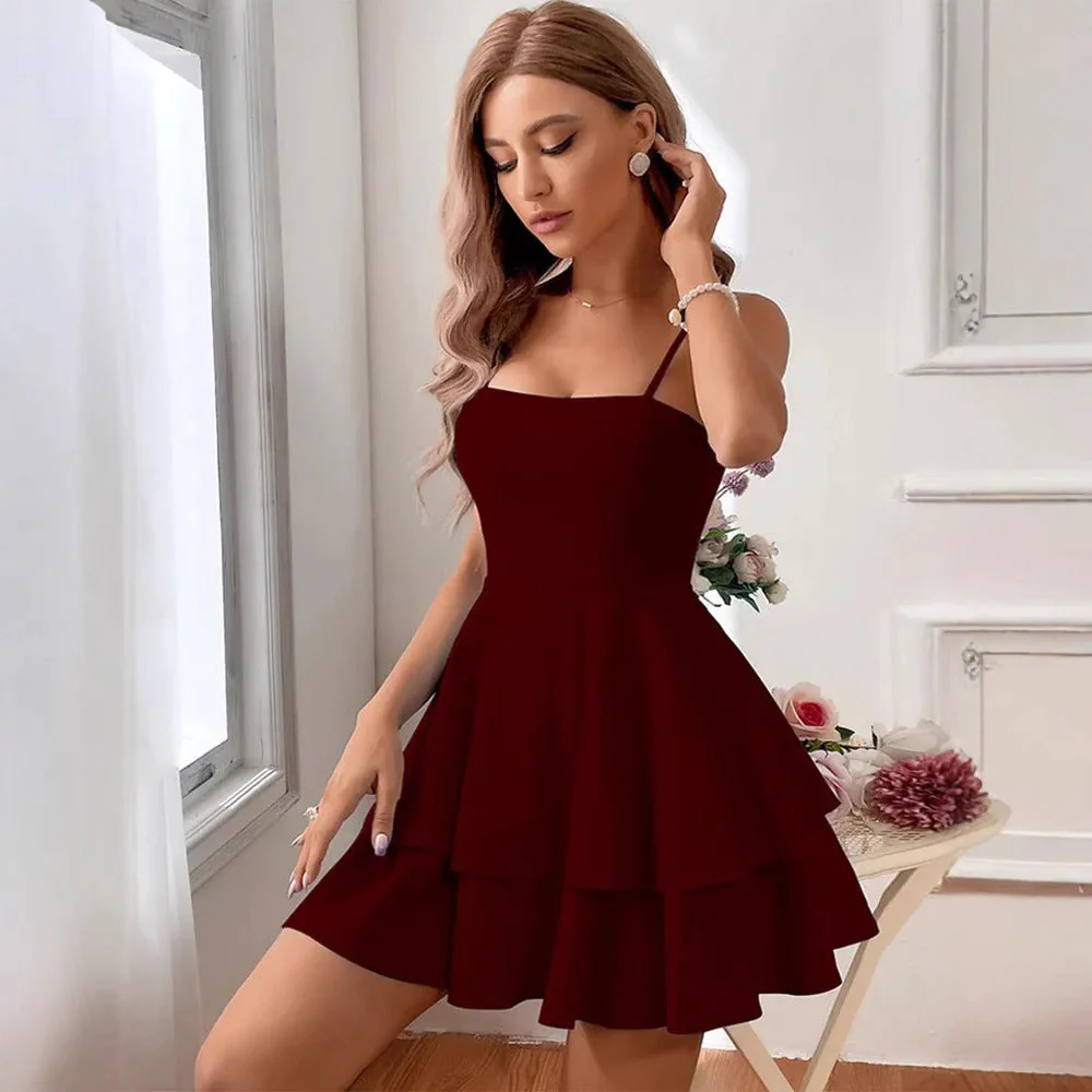 Ladies Mini Dress – A-line Fit – Spaghetti Straps – Layered Skirt – Open Back - Image 6