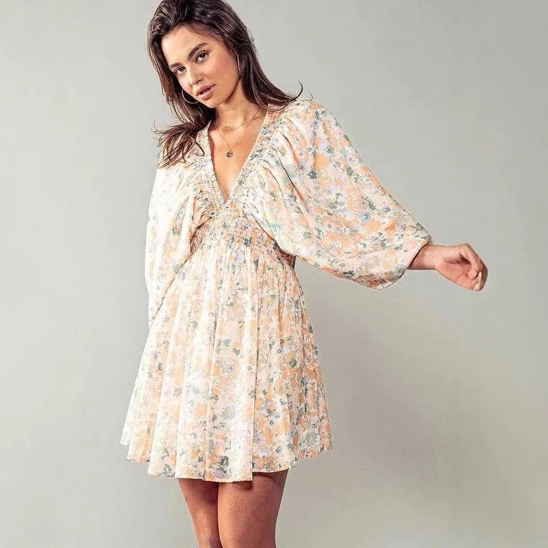 Women's Mini Dress – A-line Fit – V-neck – Floral Print – Ruffled Waist – Bell Sleeves - Image 2