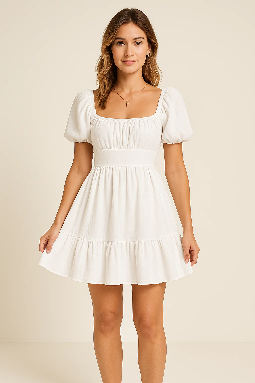 Ladies Mini Dress – Breathable Fabric – Square Neck – Puff Sleeve – Cut In Waist - Image 2