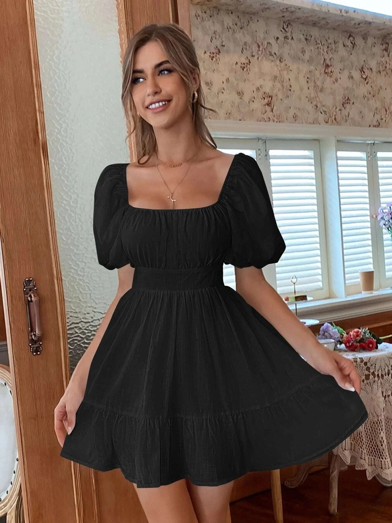 Ladies Mini Dress – Breathable Fabric – Square Neck – Puff Sleeve – Cut In Waist - Image 7