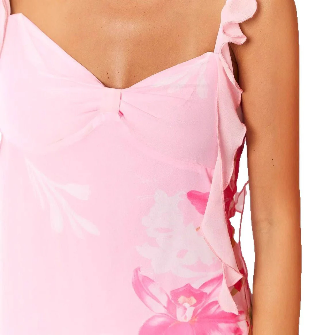 Women's mini dress – Bodycon fit – Floral print – Ruffled straps – Bow neckline - Image 5