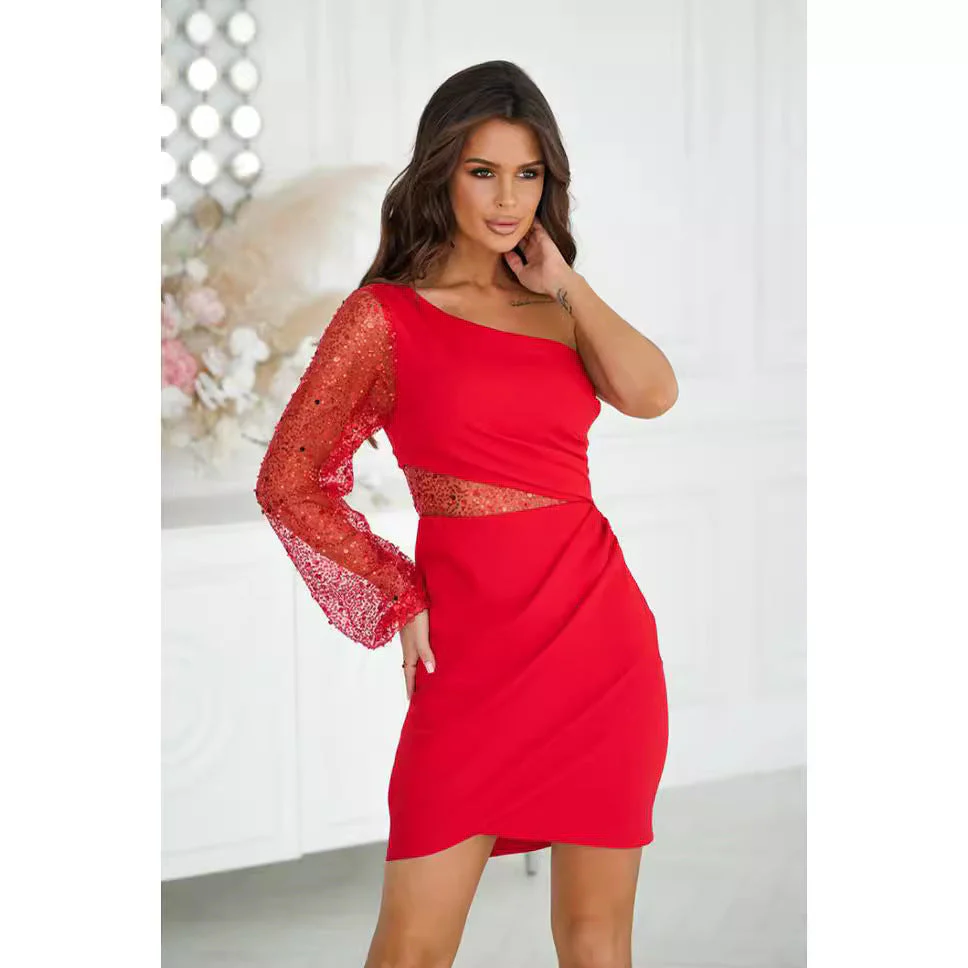Ladies Mini Dress – Bodycon Fit – One Shoulder – Sequin Tulle Sleeve – Asymmetrical - Image 9