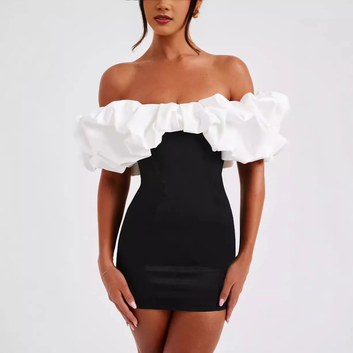 Ladies Mini Dress – Bodycon Slim Fit – Off Shoulder – Ruffled Neckline – Party Look - Image 2