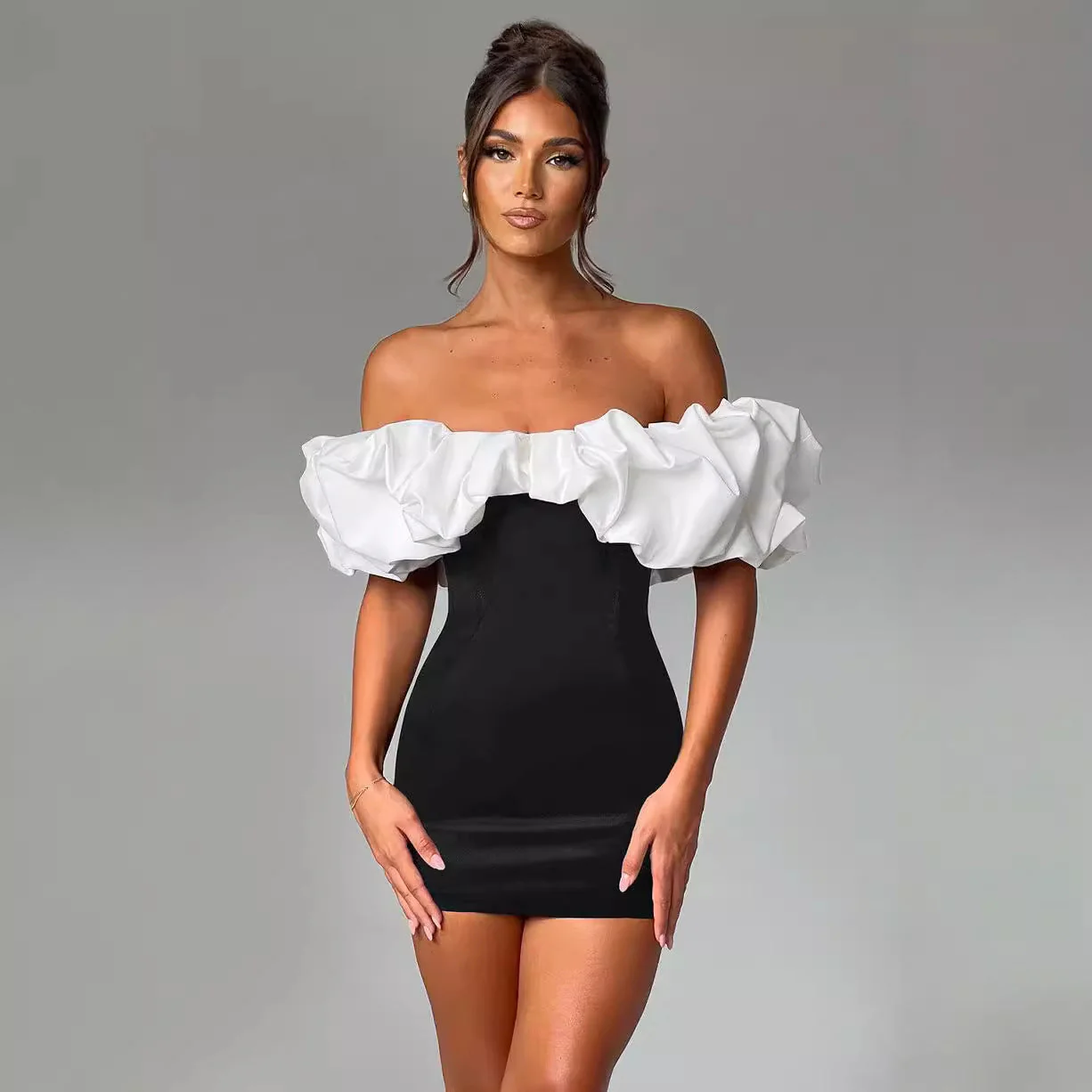 Ladies Mini Dress – Bodycon Slim Fit – Off Shoulder – Ruffled Neckline – Party Look - Image 3