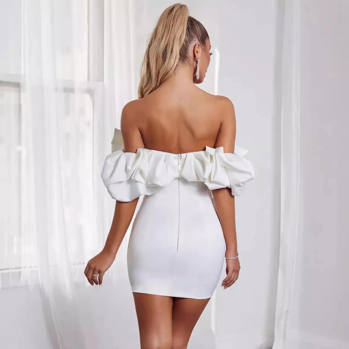 Ladies Mini Dress – Bodycon Slim Fit – Off Shoulder – Ruffled Neckline – Party Look - Image 4