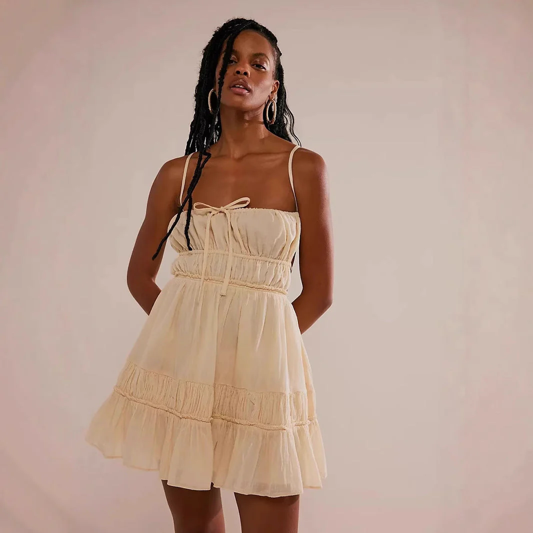 Women's Mini Dress – Casual Fit – Smock Top – Spaghetti Straps – Ruffle Hem - Image 3