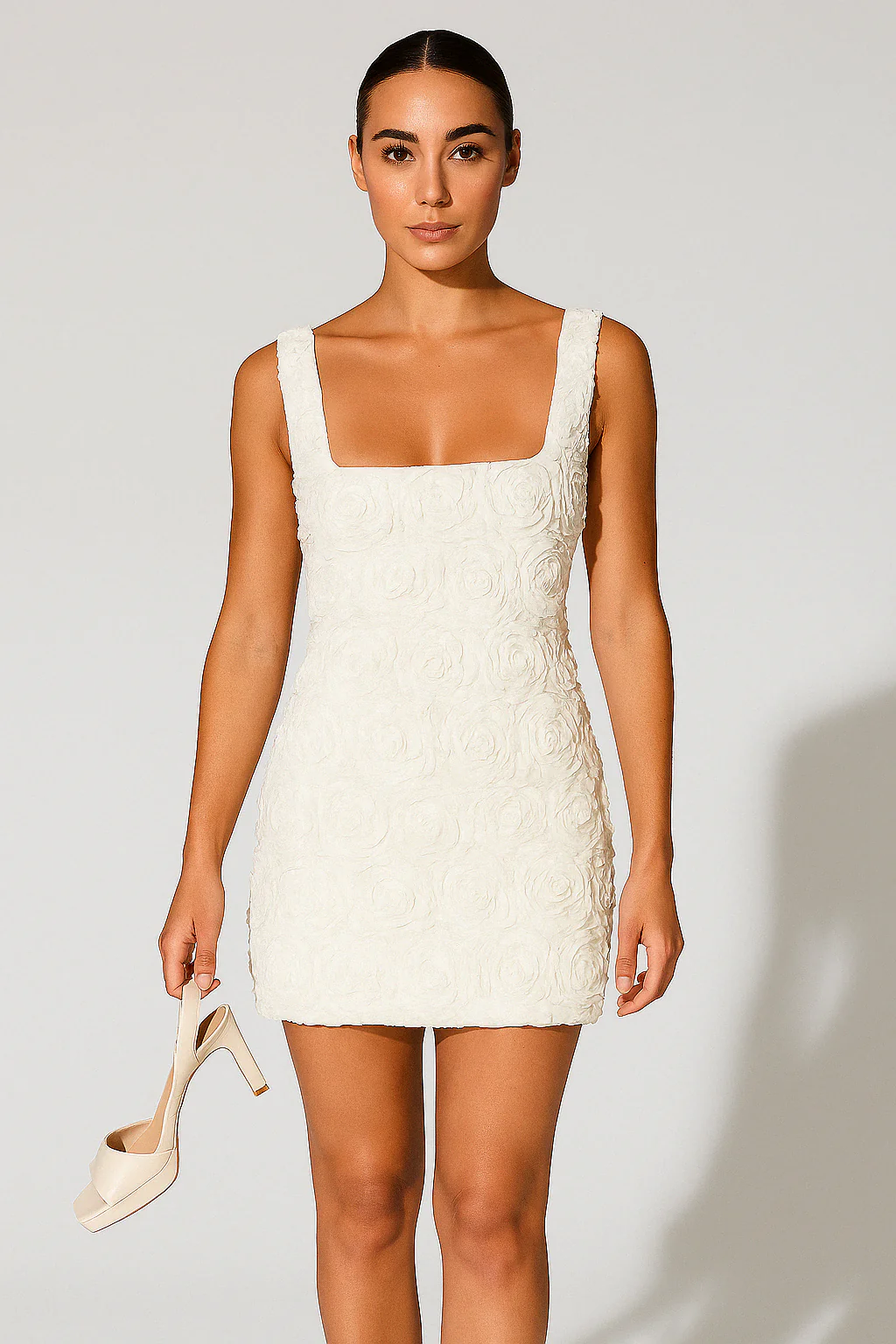 Ladies Mini Dress – Figure-Hugging Model – 3D Floral Texture – Straight Neckline - Image 2