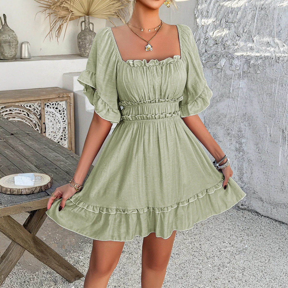 Women's Mini Dress – Fit and Flare – Ruffles – Smock Top – Short Sleeves – Square Neck - Image 2
