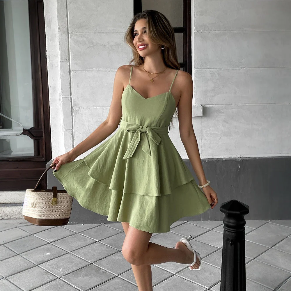 Women's Mini Dress – Fit and Flare – V-Neck – Spaghetti Straps – Layered Skirts - Image 2