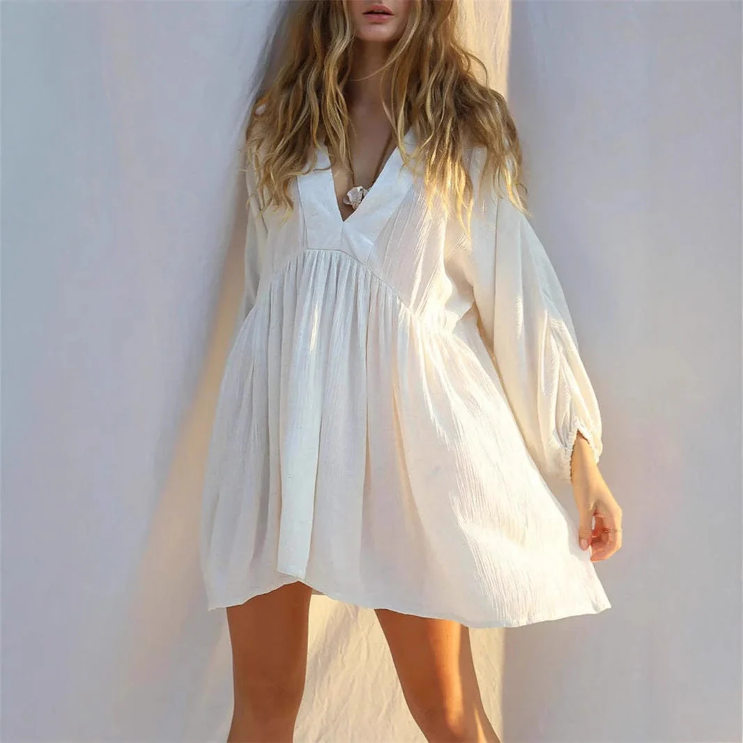 Women's Mini Dress – Flowy Fit – Airy Sheer Fabric – V-Neck – Long Sleeves - Image 2