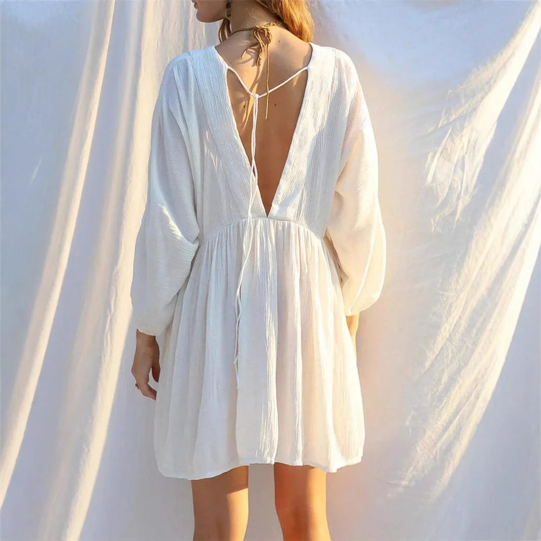 Women's Mini Dress – Flowy Fit – Airy Sheer Fabric – V-Neck – Long Sleeves - Image 3