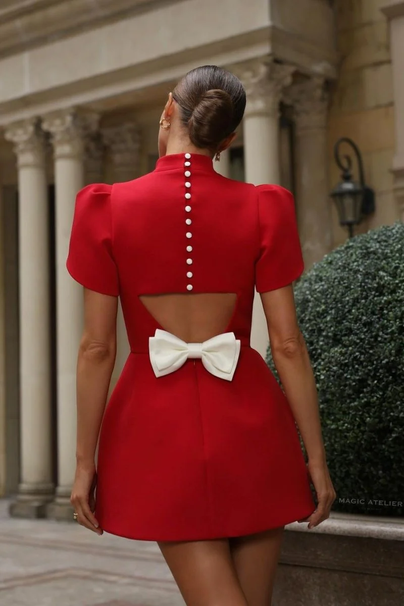 Women's Mini Dress – Fitted Model – Puff Sleeves – Open Back with Bow Detail - Image 2