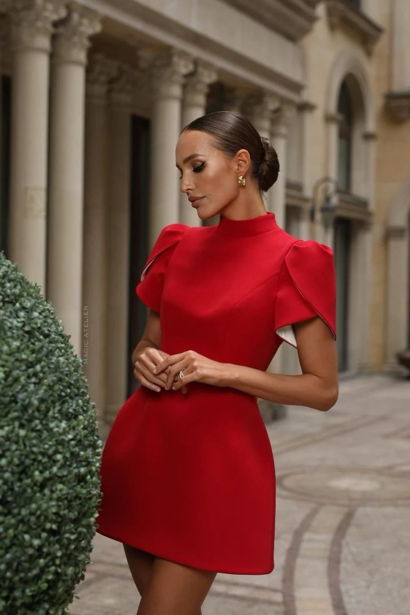 Women's Mini Dress – Fitted Model – Puff Sleeves – Open Back with Bow Detail - Image 3