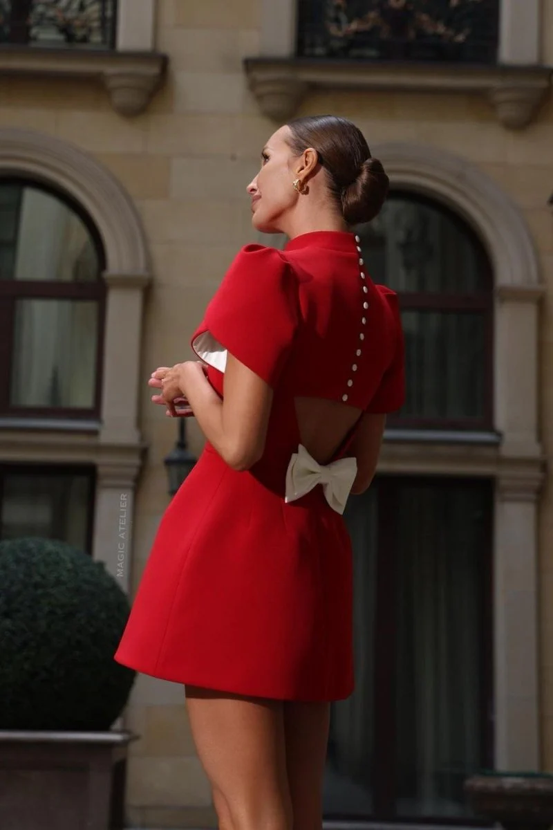 Women's Mini Dress – Fitted Model – Puff Sleeves – Open Back with Bow Detail - Image 4