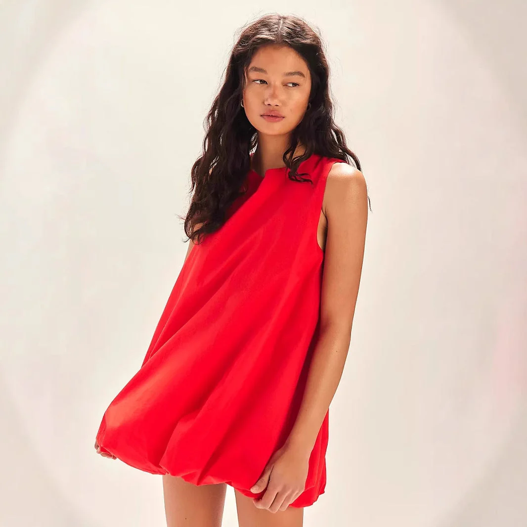 Women's Mini Dress – Cotton – Loose-Fitting Model – Sleeveless – Open Back – Lantern Hem - Image 3