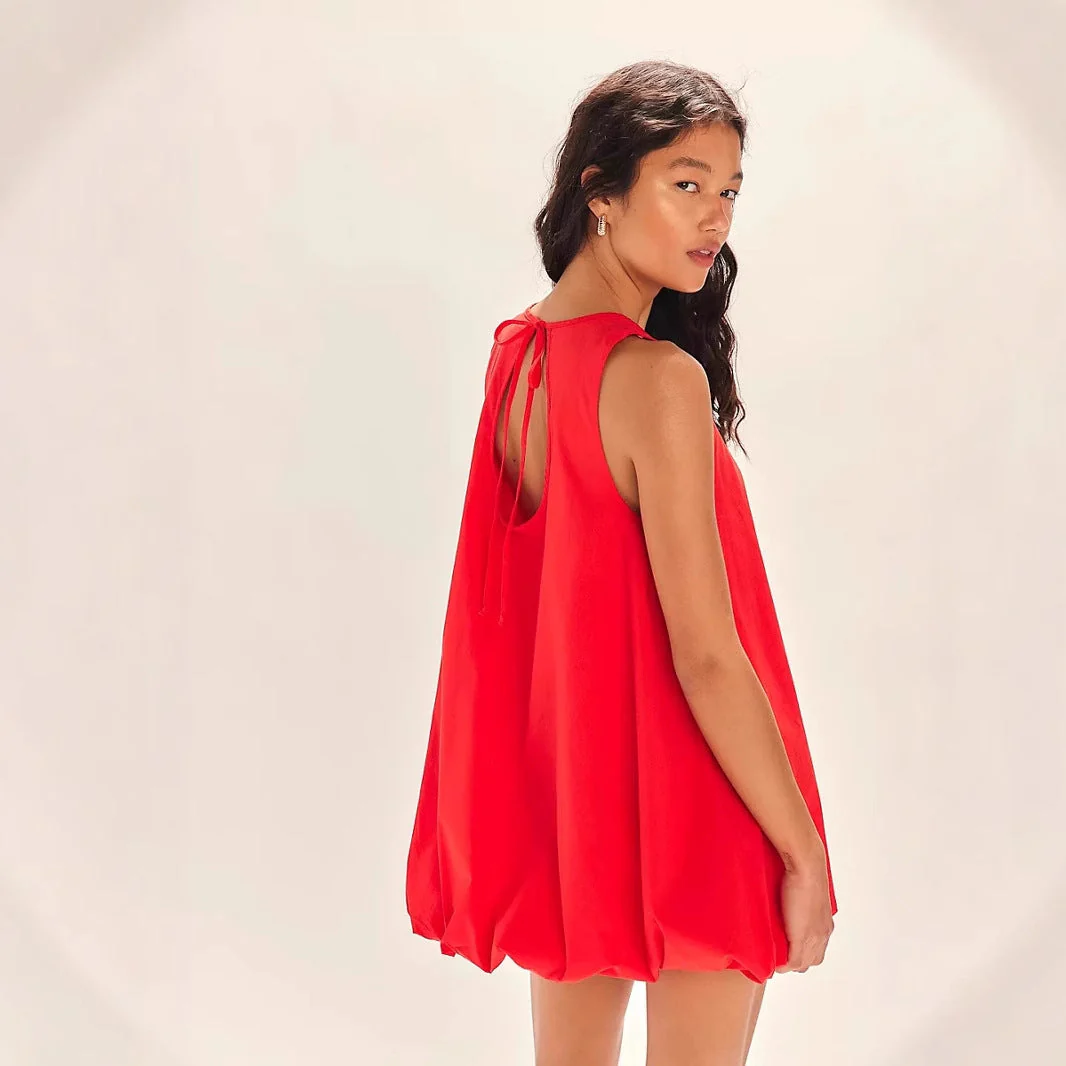 Women's Mini Dress – Cotton – Loose-Fitting Model – Sleeveless – Open Back – Lantern Hem - Image 4