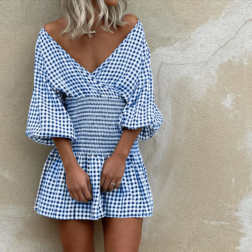 Women's Mini Dress – Cotton Blend – V-neck – Puff Sleeves – Elastic Waist – Check Pattern - Image 2