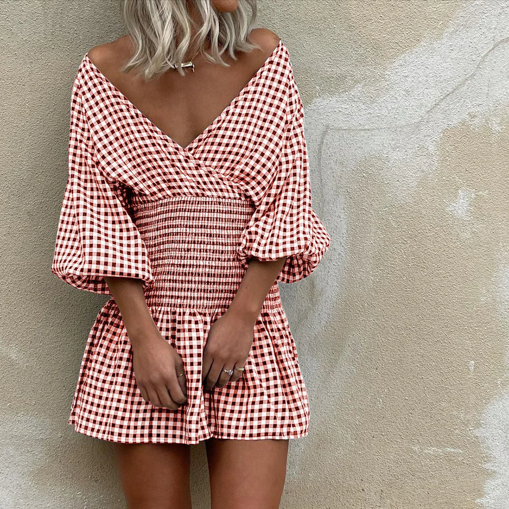 Women's Mini Dress – Cotton Blend – V-neck – Puff Sleeves – Elastic Waist – Check Pattern - Image 3
