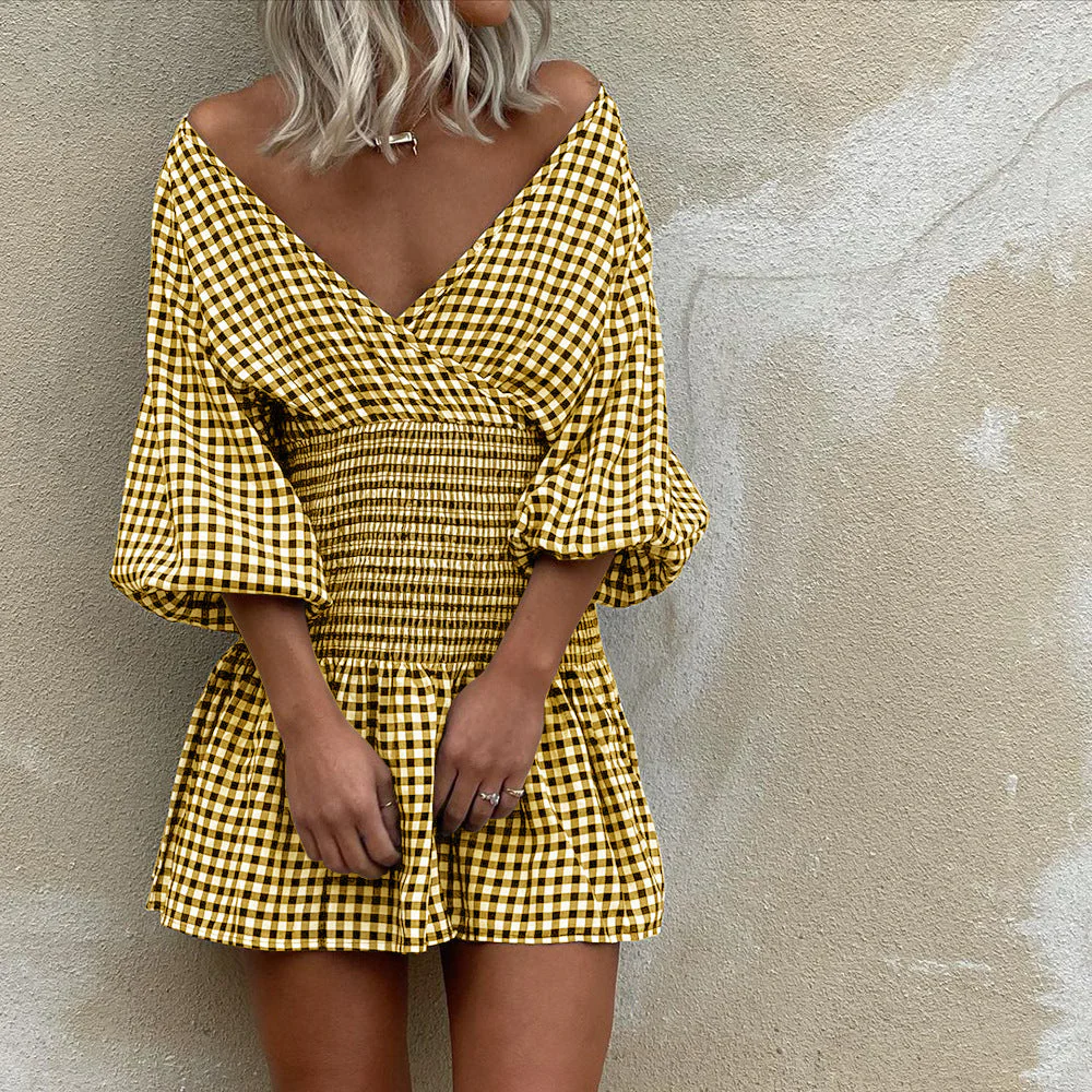 Women's Mini Dress – Cotton Blend – V-neck – Puff Sleeves – Elastic Waist – Check Pattern - Image 4