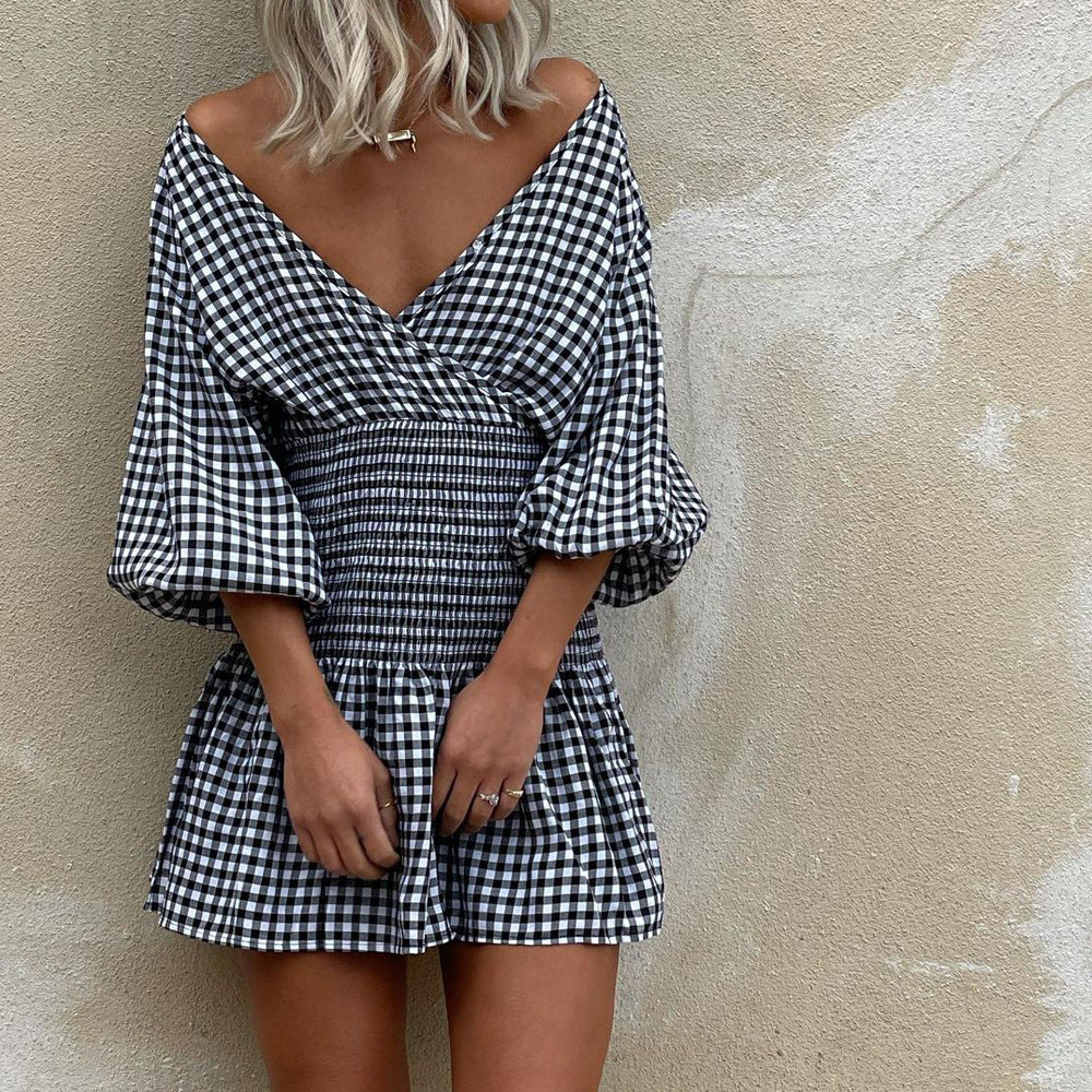 Women's Mini Dress – Cotton Blend – V-neck – Puff Sleeves – Elastic Waist – Check Pattern - Image 5