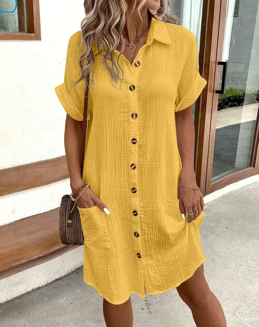 Women's Mini Dress – Natural Fibers – Relaxed Fit – V-Neck – 3/4 Sleeves – Pockets - Image 5