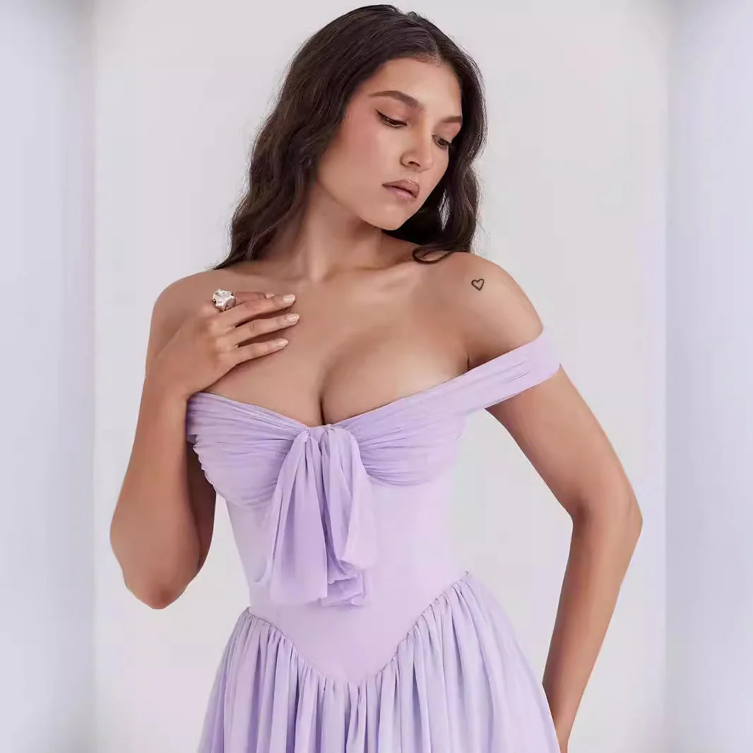 Ladies Mini Dress – Off Shoulder – Fit and Flare – Tie Front – Airy Fabric - Image 4