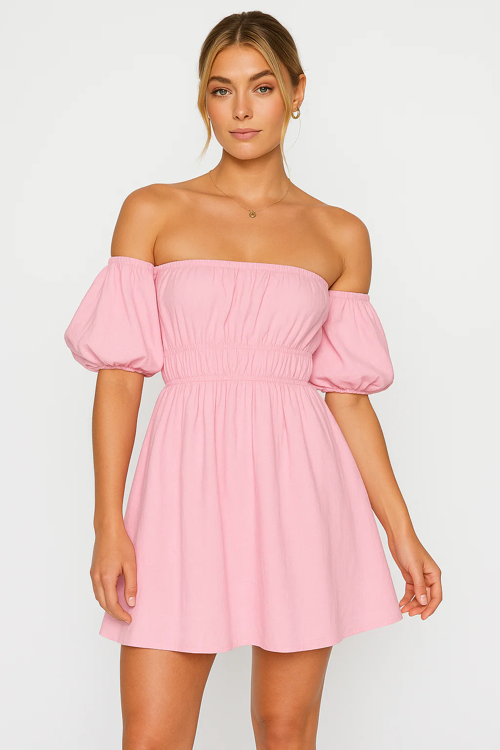 Ladies Mini Dress – Off-Shoulder – Puff Sleeves – Flared A-Line – Elastic Waist - Image 2