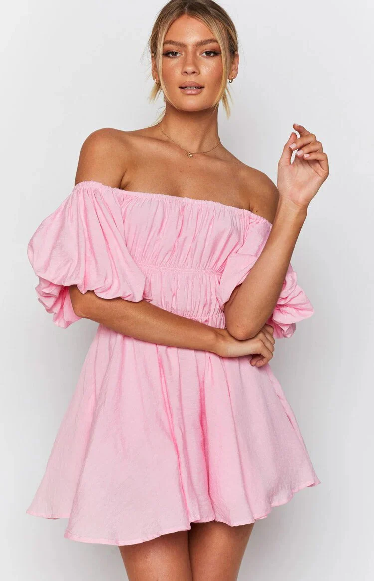 Ladies Mini Dress – Off-Shoulder – Puff Sleeves – Flared A-Line – Elastic Waist - Image 5