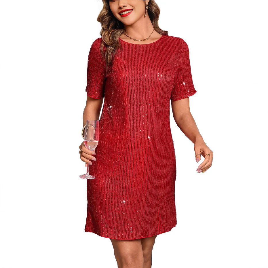 Ladies Mini Dress – Relaxed Fit – Sequins – Round Neck – Short Sleeves – Partywear - Image 2