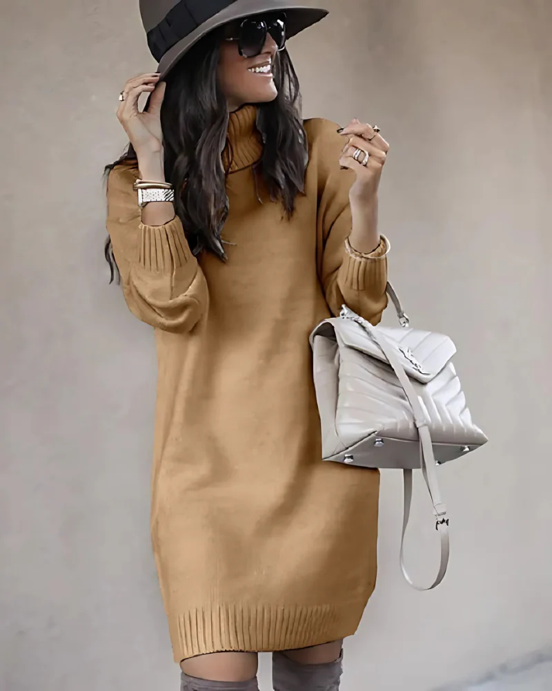 Ladies Mini Dress – Relaxed Slim Fit – Turtleneck – Ribbed Trims – Woolmix Tricot - Image 3