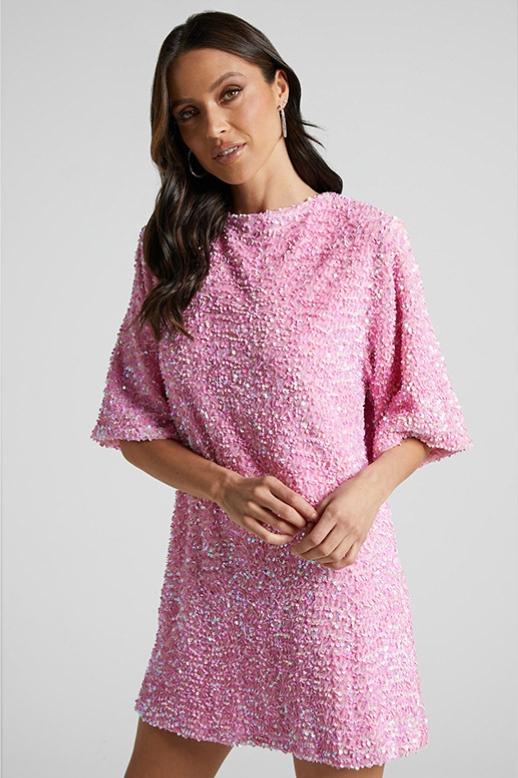 Women's Mini Dress – Relaxed Fit – Sequins – Deep Open Back – Short Sleeve - Image 2