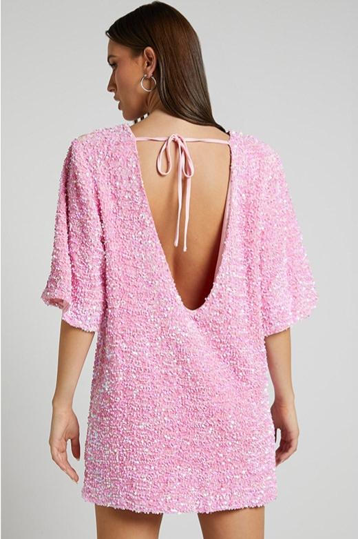 Women's Mini Dress – Relaxed Fit – Sequins – Deep Open Back – Short Sleeve - Image 3