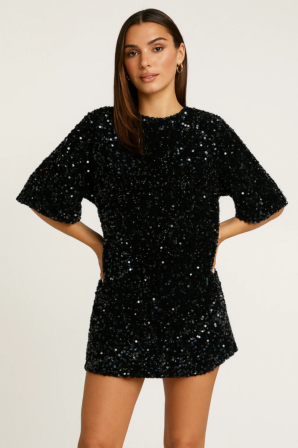 Women's Mini Dress – Relaxed Fit – Sequins – Deep Open Back – Short Sleeve - Image 4