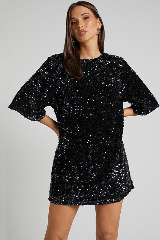 Women's Mini Dress – Relaxed Fit – Sequins – Deep Open Back – Short Sleeve - Image 5