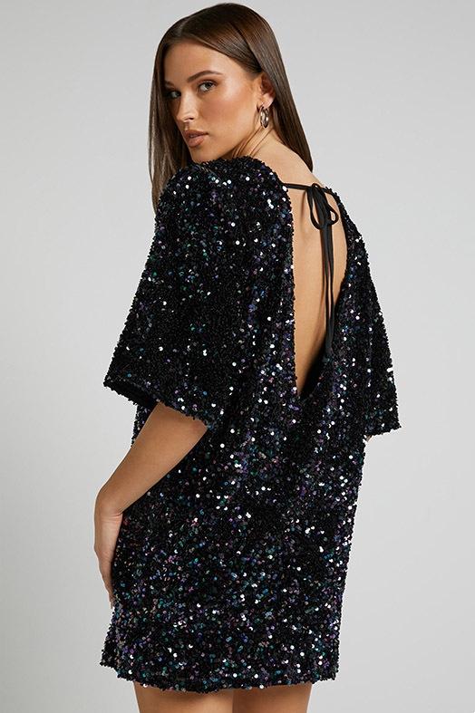 Women's Mini Dress – Relaxed Fit – Sequins – Deep Open Back – Short Sleeve - Image 6