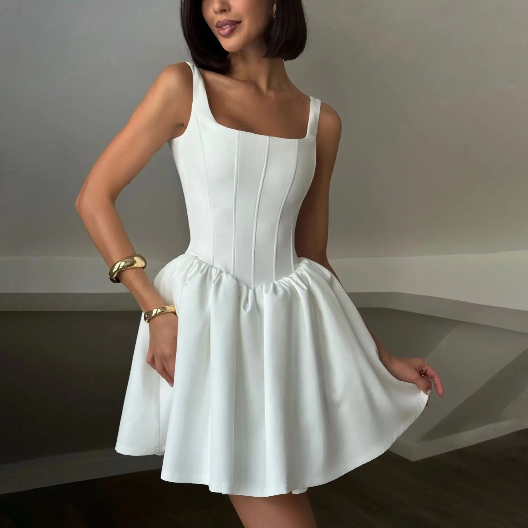 Ladies mini-dress – Satin – Slim fit – Sleeveless – Corset bodice – Square neckline - Image 3