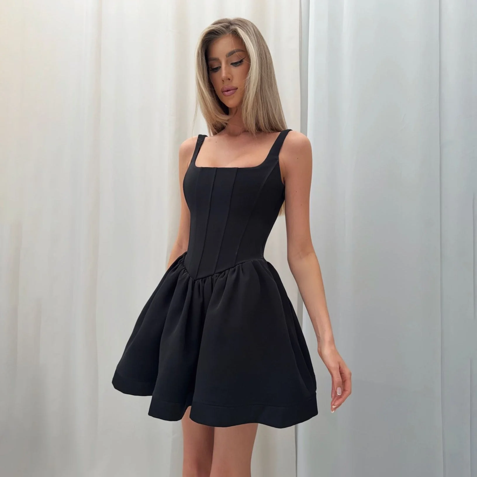 Ladies mini-dress – Satin – Slim fit – Sleeveless – Corset bodice – Square neckline - Image 4