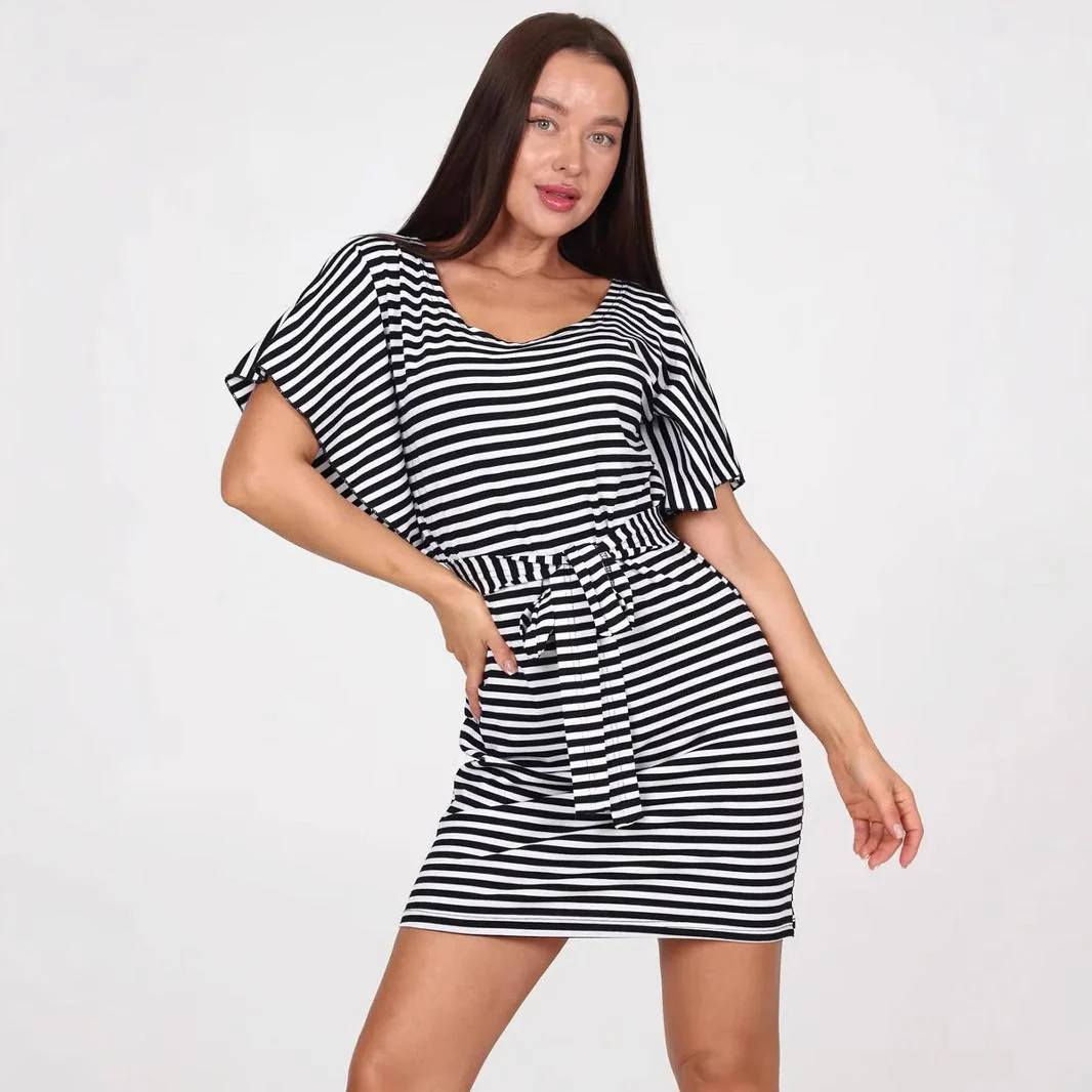 Women's Mini Dress – Slim Fit – Striped Pattern – Short Sleeve – Waist Belt – Round Neck - Image 2