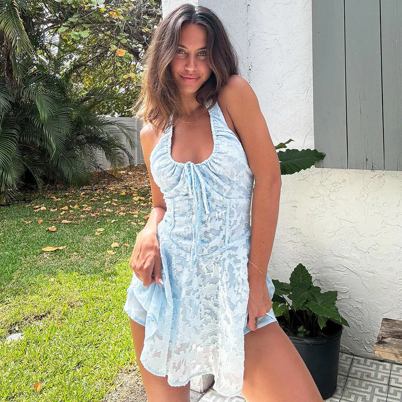 Ladies Mini Dress – Slim Fit – Halter Neck – Open Back – Jacquard Texture – Ruffles - Image 2