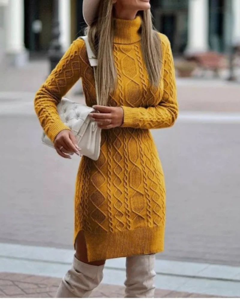 Women's Mini Dress – Slim Fit – Cable Knit – Turtleneck – Long Sleeves – Split Detail - Image 4