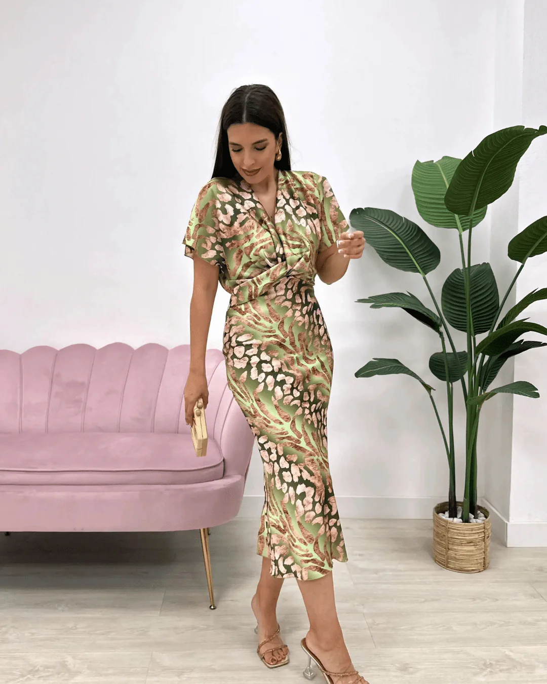 Women's Mini Dress – Slim Fit – Luxurious Glossy Fabric – Draped Bodice – Abstract Print - Image 2