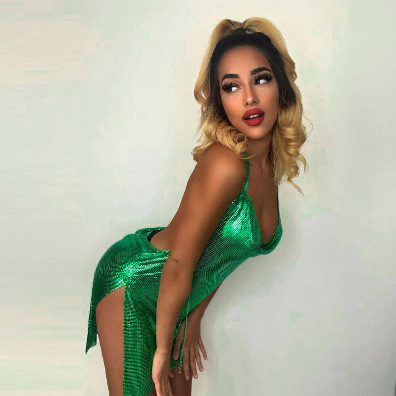 Ladies Mini Dress – Slim Fit – Sleeveless – Open Back – Shiny Fabric – Slit - Image 3